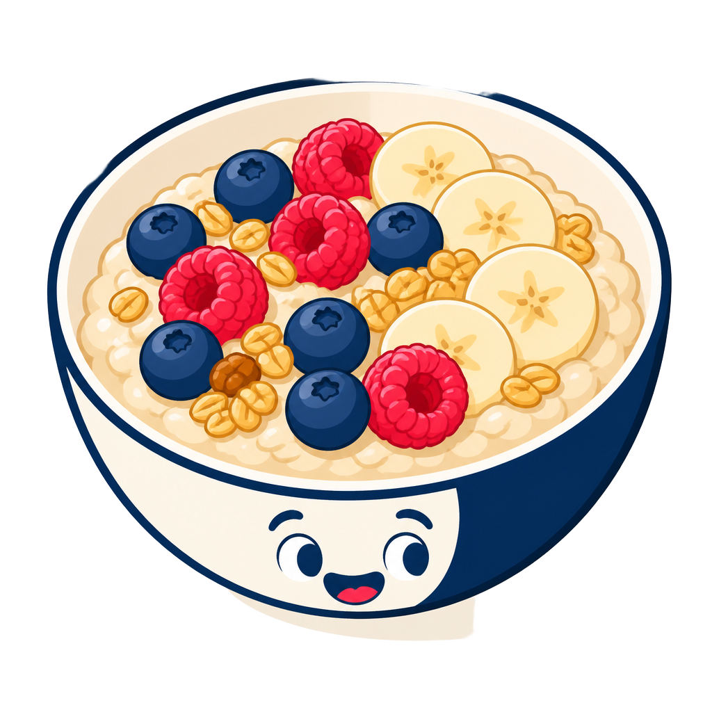 Illustrasjon av en OatClub havrebowl med bær, banan og granola